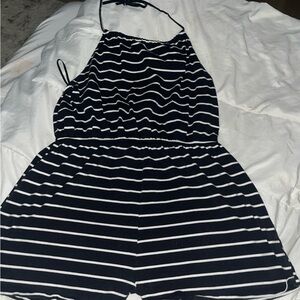 Blk/white striped romper, tie at neck, elastic waist